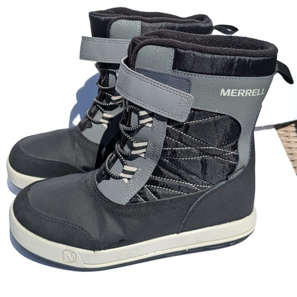Unisex Kids Merrell Snow Boots Snow Ridge Sz 3 Medium Black Grey Warm Insulated - Picture 2 of 8